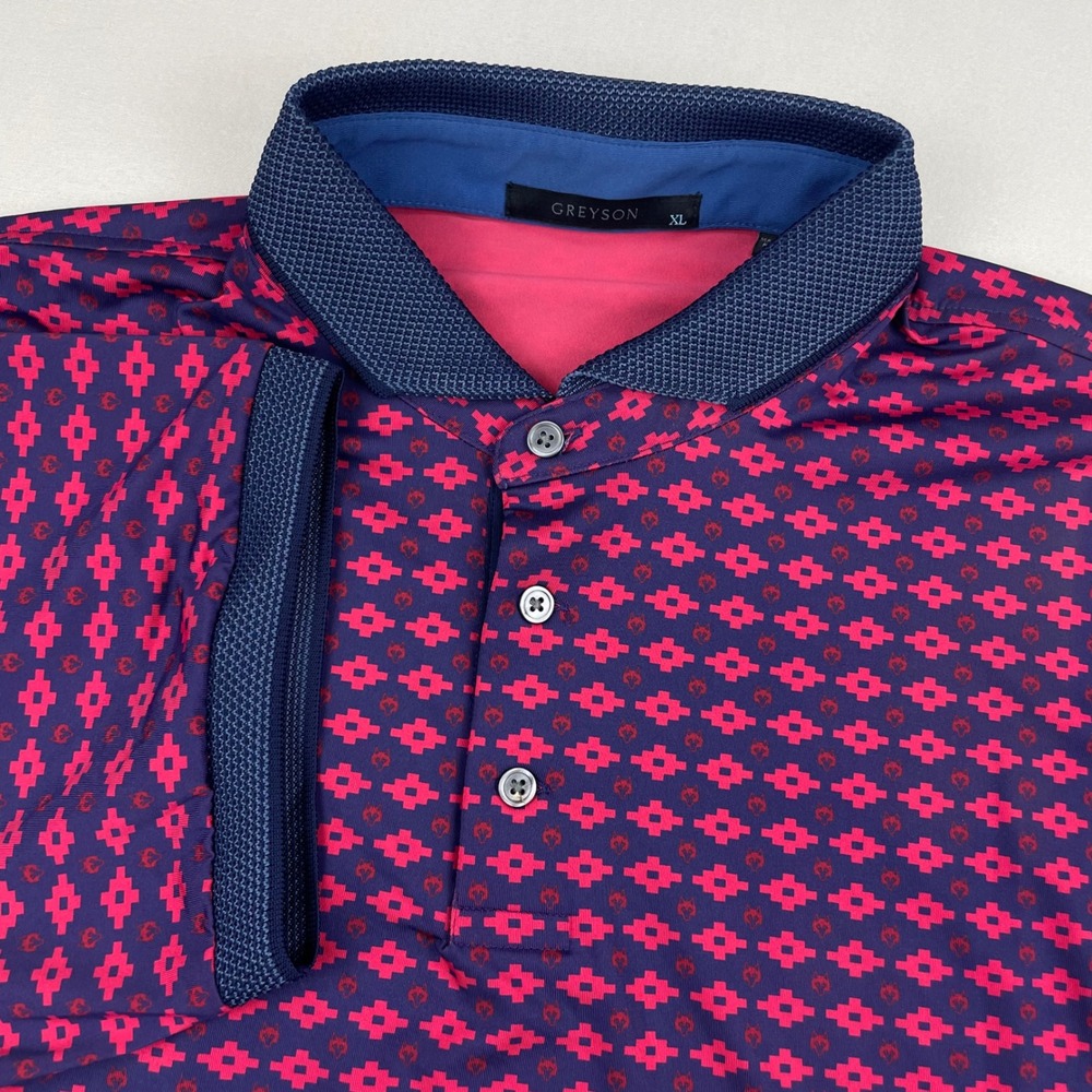 Greyson Mens XL Golf Polo Shirt Geometric Journey Falcon Print Navy Red NWOT